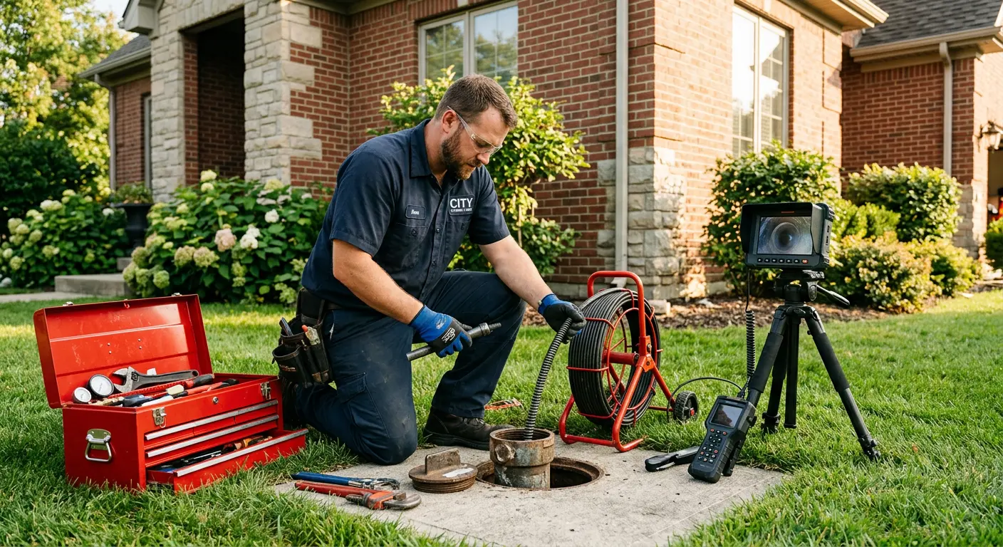 Sewer specialist with camera equipment servicing a cleanout in Fairview