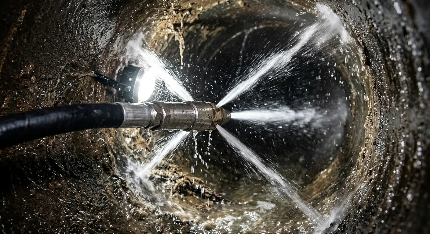 High-pressure hydro jetting nozzle cleaning sewer pipe for Trenchless Sewer Repair in Fairview