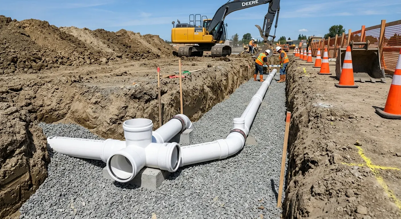 New PVC sewer pipe installation in open trench for Sewer Backup in Fairview