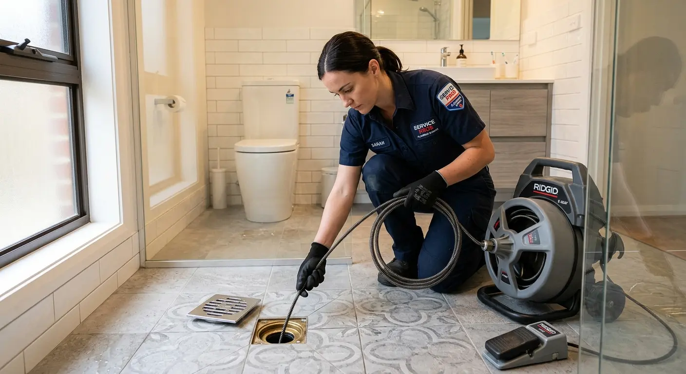 Technician clearing a bathroom floor drain for Sewer Line Replacement in Fairview